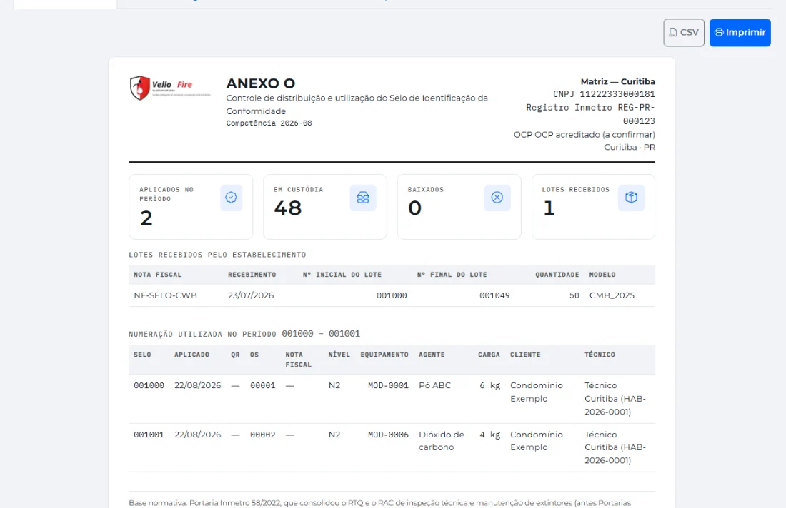 Anexo O gerado pelo sistema, com CNPJ e registro Inmetro do estabelecimento, lotes recebidos e a numeração usada no período