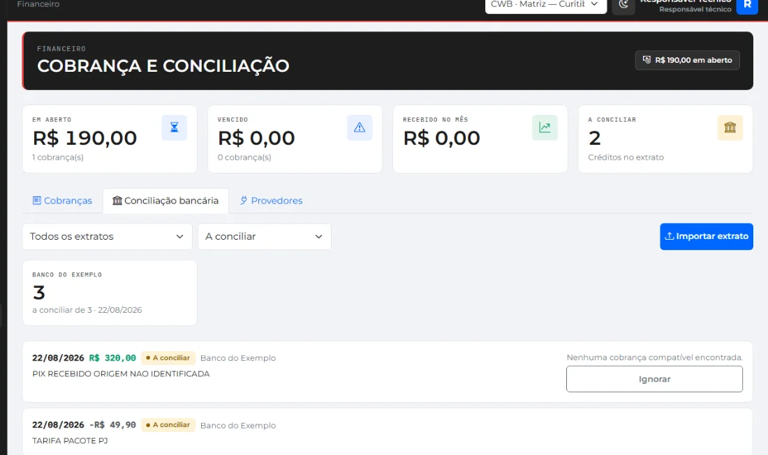 Tela de conciliação bancária, com os créditos do extrato e a sugestão de cobrança correspondente